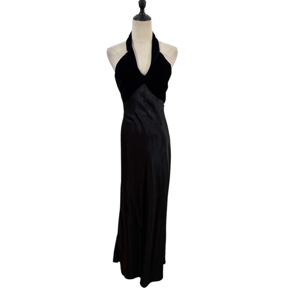 Vtg 90s LA Glo Black Velvet & Satin Halter Slip Maxi Gown Dress Sz 7 Glam Goth‎